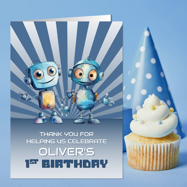 Tarjeta De Agradecimiento Tema de Blue Robot Primer cumpleaños Gracias (Subido por el creador)