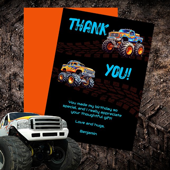 Tarjeta De Agradecimiento Tema de Fiesta de Camiones Monstruo para Niños (Boy's Monster Truck Theme Birthday Bash Thank You Card)
