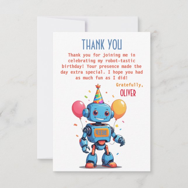 Tarjeta De Agradecimiento tema de robot con globos acuarela (Anverso)