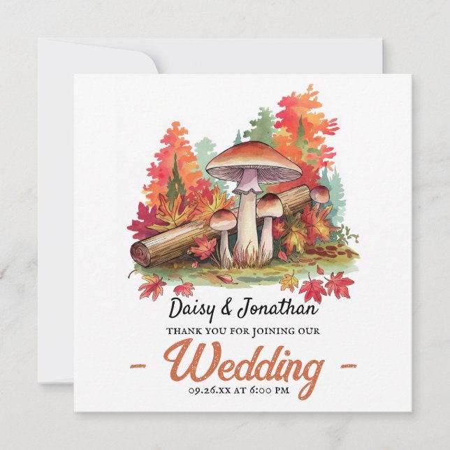 Tarjeta De Agradecimiento Tema del otoño con boda de acuarela de hongos (Anverso)