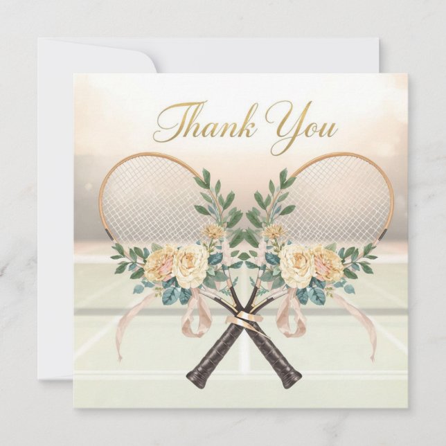 Tarjeta De Agradecimiento Tennis Wedding Thank You Card with Floral Rackets (Anverso)