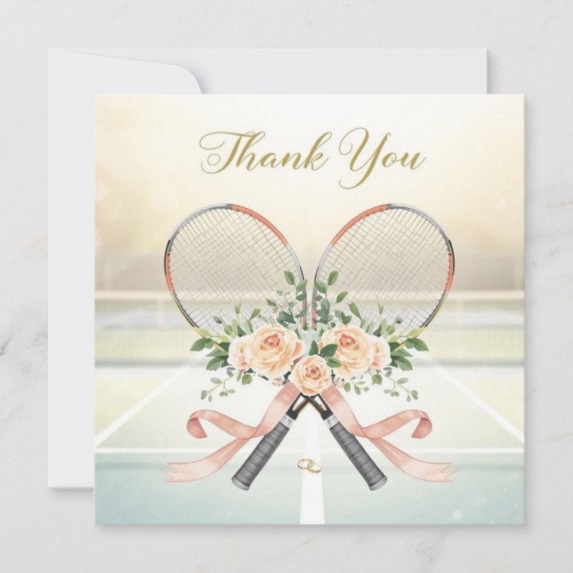 Tarjeta De Agradecimiento Tennis Wedding Thank You Card with Floral Rackets (Anverso)