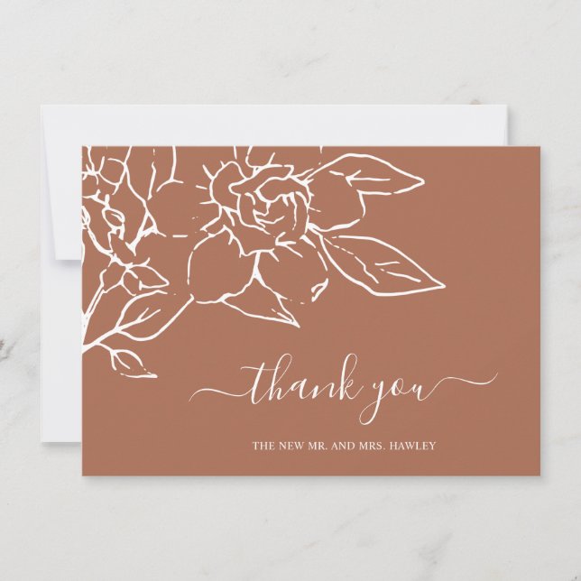 Tarjeta De Agradecimiento Terracota Line Art Floral Elegante Boda (Anverso)