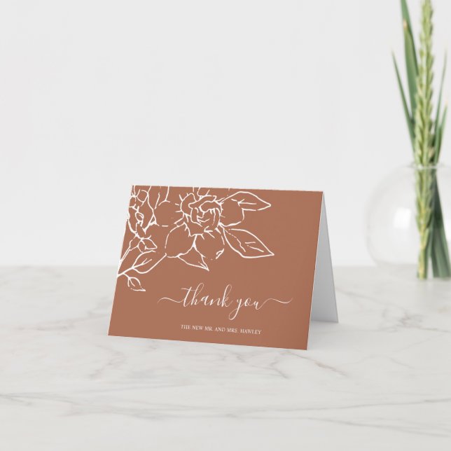 Tarjeta De Agradecimiento Terracota Line Art Floral Elegante Boda (Anverso)