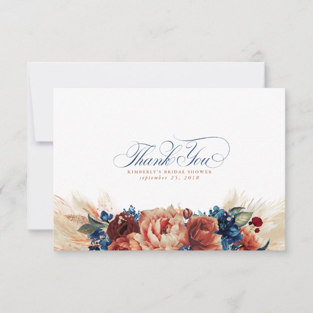 Tarjeta De Agradecimiento Terracotta Azul Marino Floral Boho Pequeño Gracias (Anverso)
