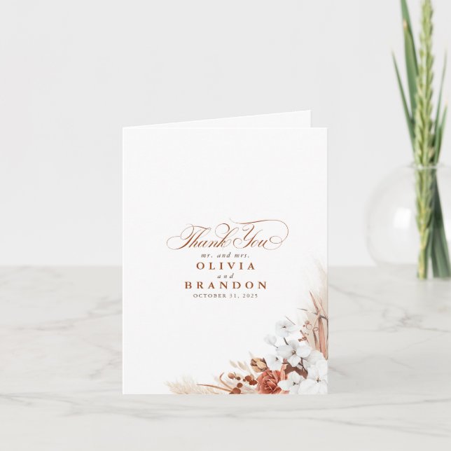 Tarjeta De Agradecimiento Terracotta Boda Floral Blanca Gracias (Anverso)
