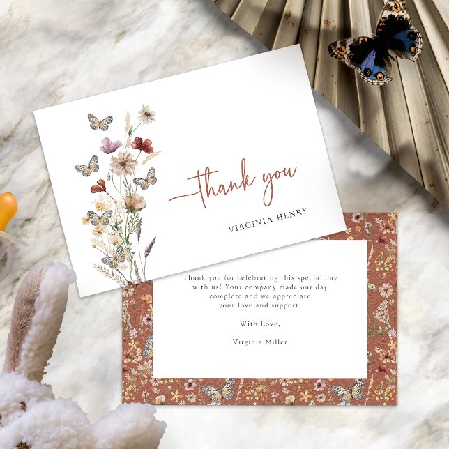 Tarjeta De Agradecimiento Terracotta Boho Wildflower Gracias Cartas (Terracotta Boho Wildflower Thank You Cards with Butterflies by Painted Paperie
)