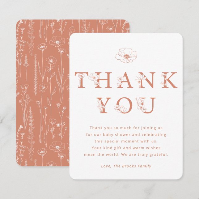 Tarjeta De Agradecimiento Terracotta Floral Thank You Card | Baby Shower (Anverso / Reverso)