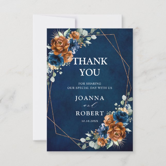 Tarjeta De Agradecimiento Terracotta Navy Blue Greenery Boda Geométrico (Anverso)
