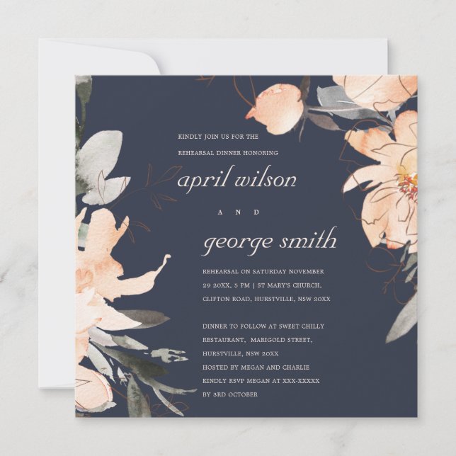 TARJETA DE AGRADECIMIENTO TERRACOTTA NAVY FLORAL REHEARSAL CENA INVITE (Anverso)