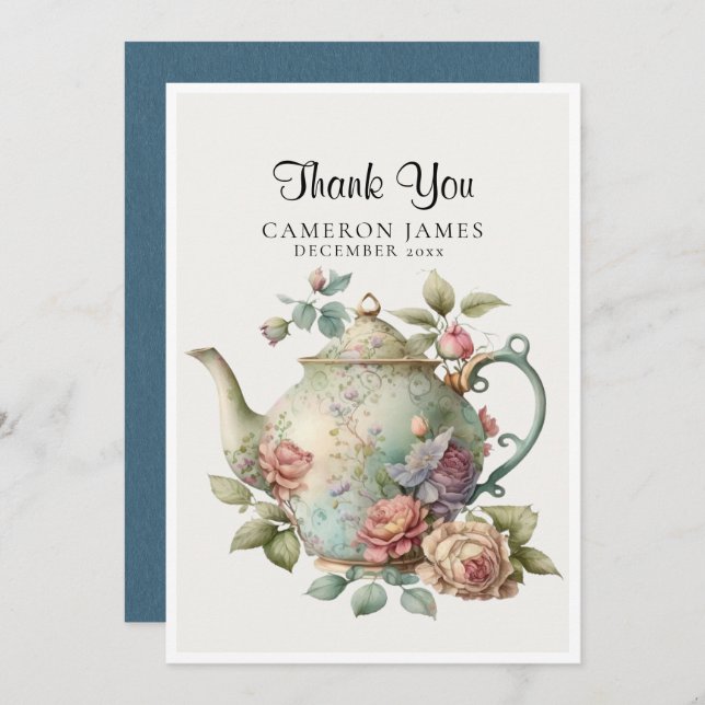 Tarjeta De Agradecimiento Tetera de Acuarela Elegante Fiesta de Té Floral (Anverso / Reverso)