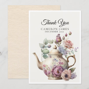 Tarjeta De Agradecimiento Tetera de aquarela elegante, fiesta del té floral