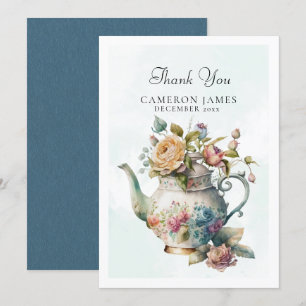 Tarjeta De Agradecimiento Tetera de aquarela elegante, fiesta del té floral