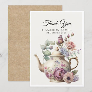 Tarjeta De Agradecimiento Tetera floral elegante de acuarela para fiesta del