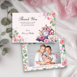 Tarjeta De Agradecimiento Tetera Floral Vintage para Foto de Recién Nacido e