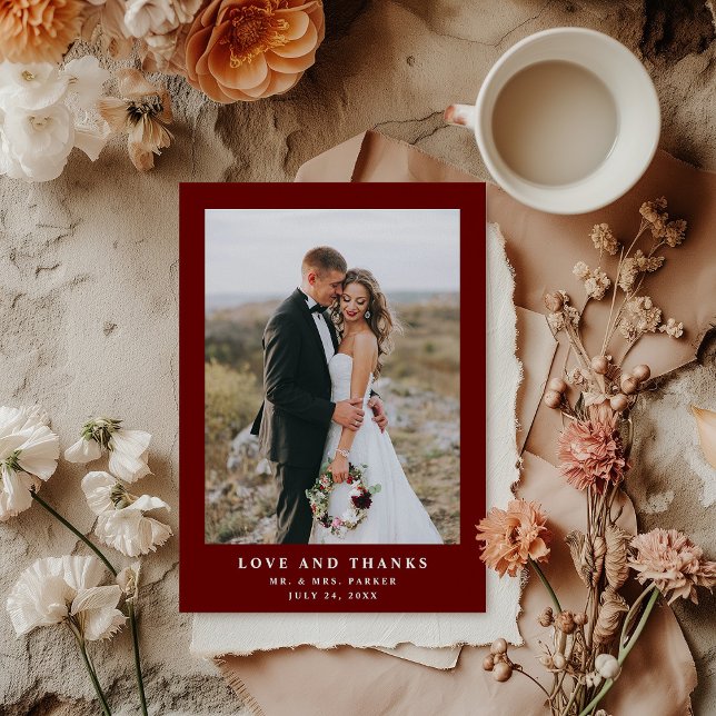 Tarjeta De Agradecimiento Texto elegante rojo oscuro y foto | BODA (Subido por el creador)