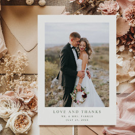 Tarjeta De Agradecimiento Texto y foto elegante en blanco y sabio | Boda