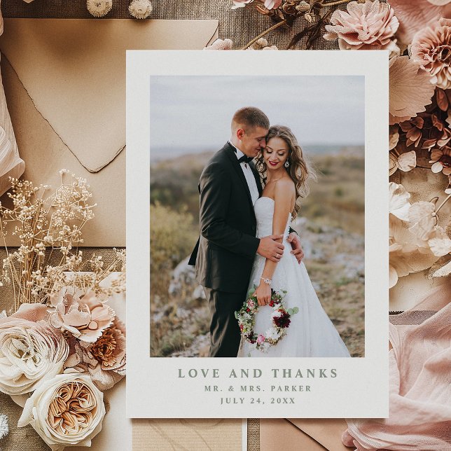 Tarjeta De Agradecimiento Texto y foto elegante en blanco y sabio | Boda (Subido por el creador)