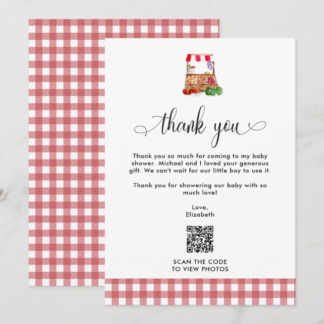 Tarjeta De Agradecimiento Thank you Baby Shower Locally Grown Farm QR Code (Anverso / Reverso)