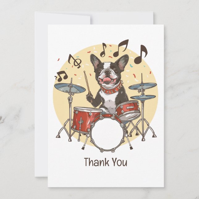Tarjeta De Agradecimiento Thank You Boston Terrier Dog Playing Drums (Anverso)