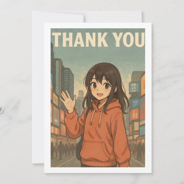 Tarjeta De Agradecimiento Thank You Card - Anime Girl in Times Square (Anverso)