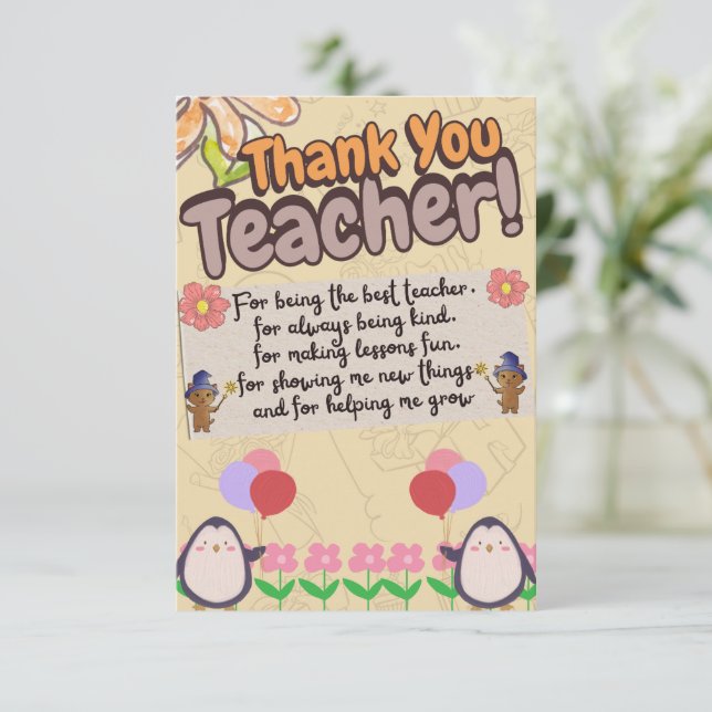 Tarjeta De Agradecimiento thank you card for teachers. (Anverso de pie)