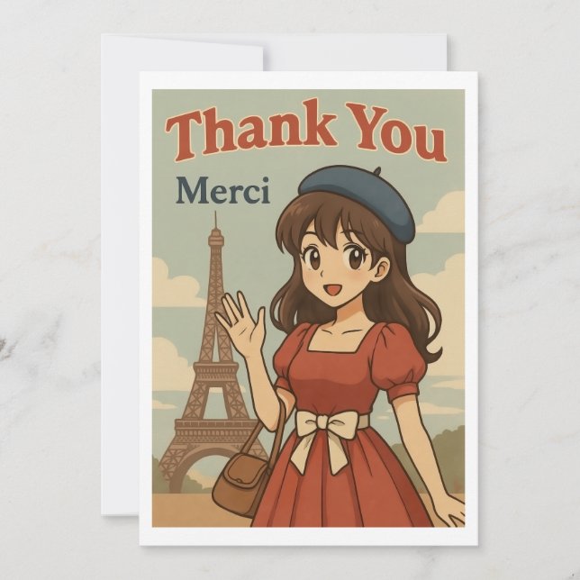 Tarjeta De Agradecimiento Thank You Card - French Anime Girl in Paris (Anverso)