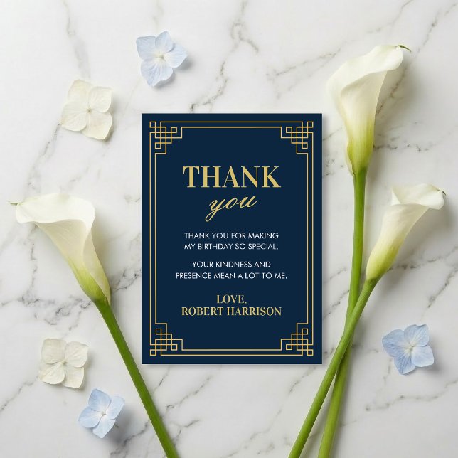 Tarjeta De Agradecimiento Thank You Card Navy Gold Art Deco 80th Birthday (SEE FULL SUITE AT BOTTOM)