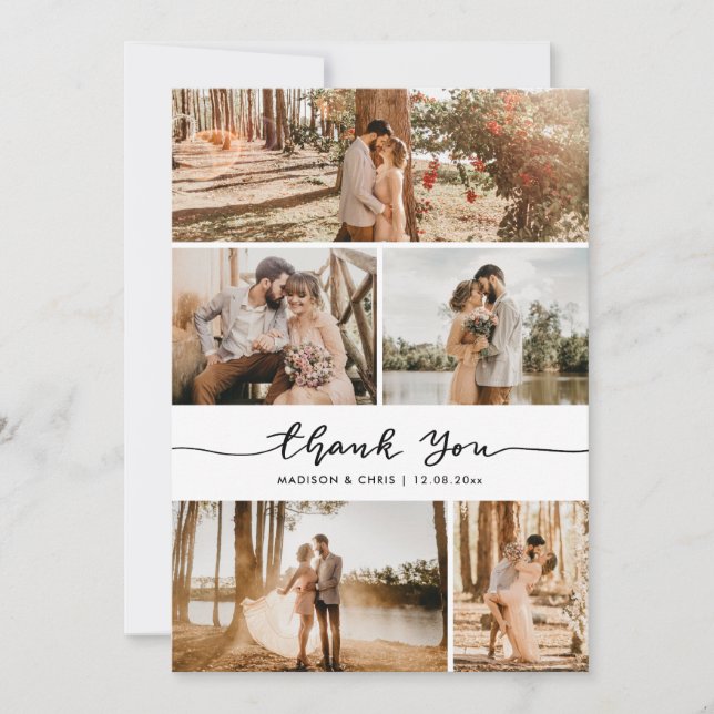 Tarjeta De Agradecimiento Thank You Script Elegant Wedding Photo Collage (Anverso)
