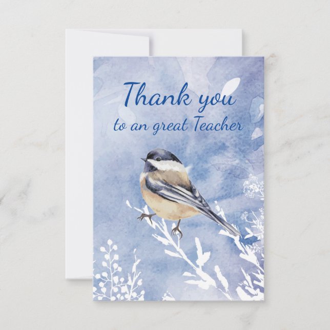Tarjeta De Agradecimiento Thank You Teacher Watercolor Chickadee Winter (Anverso)