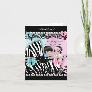 Tarjeta De Agradecimiento Thank You Twin Baby Shower Cute Girl Pink Boy Blue