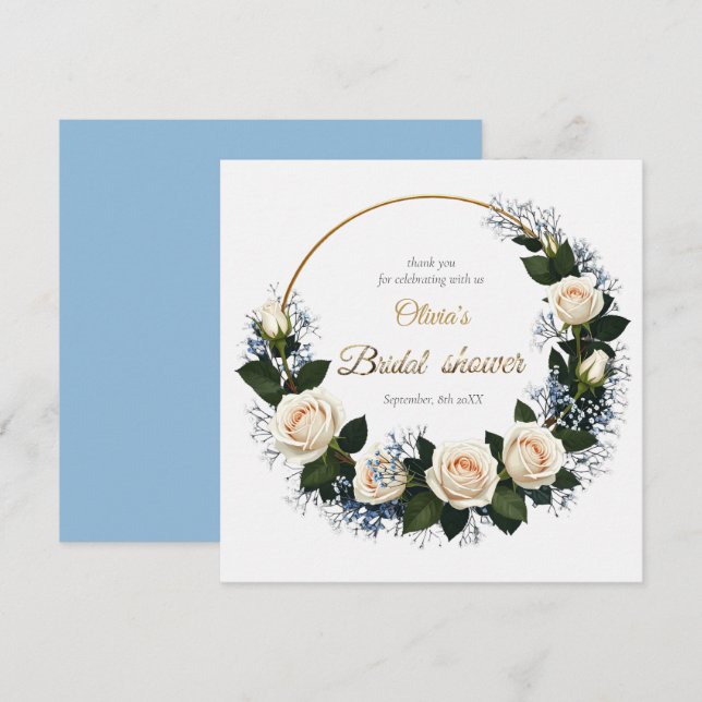 Tarjeta De Agradecimiento Thank You White Roses & Blue Baby’s Breath  (Anverso / Reverso)