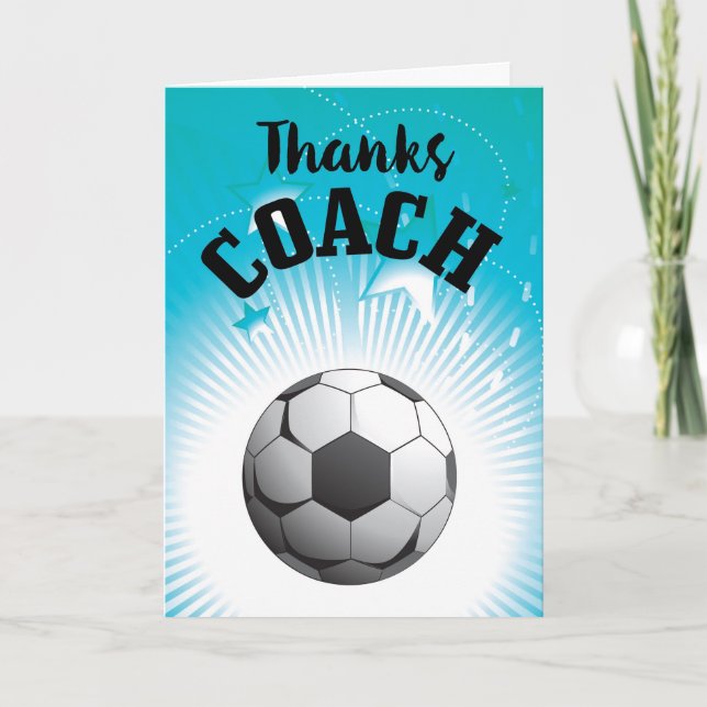Tarjeta De Agradecimiento Thanks Soccer Coach Aqua Blue Stars Ball (Anverso)