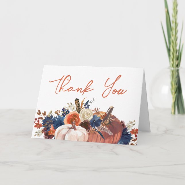 Tarjeta De Agradecimiento Thanksgiving Fall autumn floral Pumpkins  (Anverso)