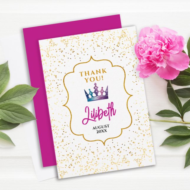 Tarjeta De Agradecimiento Tiara Confeti Acuarela Princesa Glam Moderno (Subido por el creador)