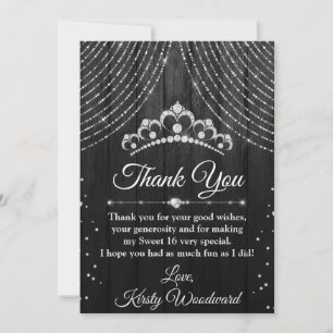 Tarjeta De Agradecimiento Tiara de diamantes de plata y negro Sweet 16
