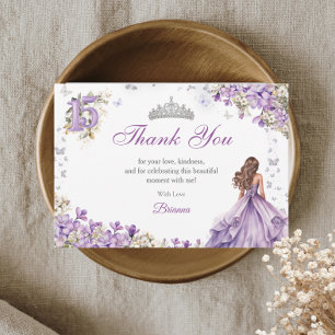 Tarjeta De Agradecimiento Tiara Floral de Mariposa de Plata Lavanda Quinceañ