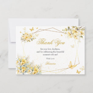 Tarjeta De Agradecimiento Tiara Floral Mariposa Quinceañera Dorada Amarilla