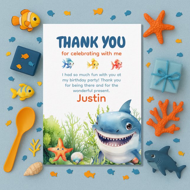 Tarjeta De Agradecimiento Tiburón Feliz Bajo el Mar Cumpleaños Gracias (Happy Shark Under the Sea birthday party thank you card)