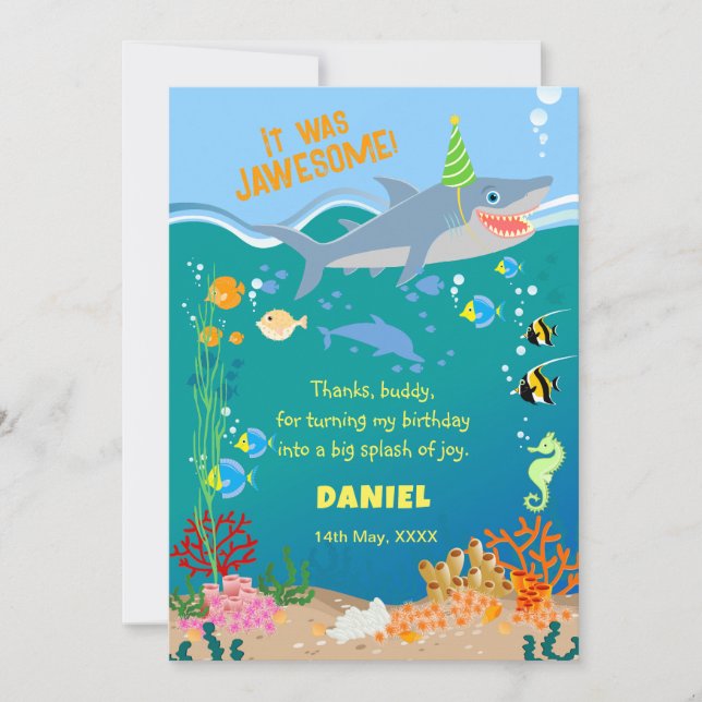 Tarjeta De Agradecimiento Tiburón sonriente bajo el mar niño Partido Cumplea (Anverso)