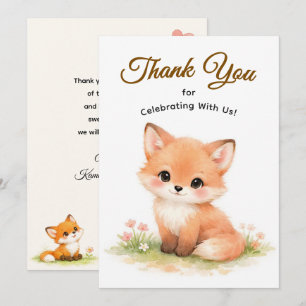 Tarjeta De Agradecimiento Tierno Zorro Bebé de Pastel Cumpleaños de Madera d