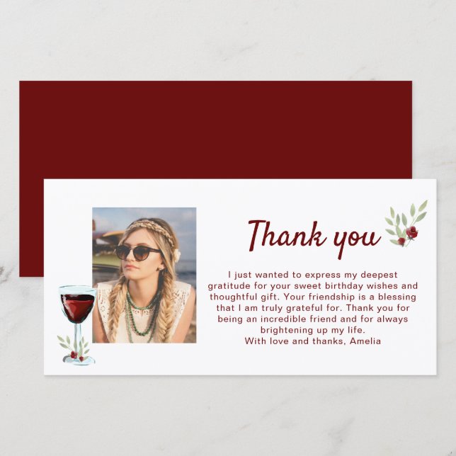 Tarjeta De Agradecimiento Tierras de vidrio de vino rojo Foto Cumpleaños (Anverso / Reverso)