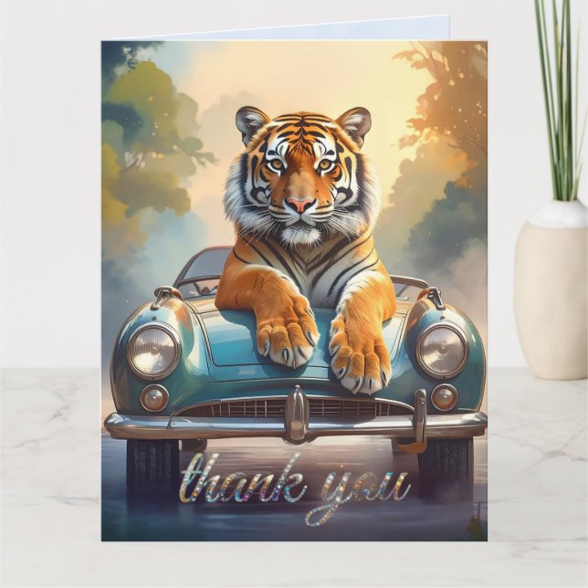 Tarjeta De Agradecimiento Tiger sitting on a sports car  (Anverso)