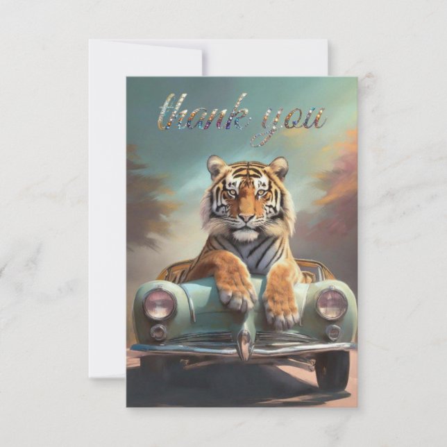 Tarjeta De Agradecimiento Tiger sitting on a sports car  (Anverso)