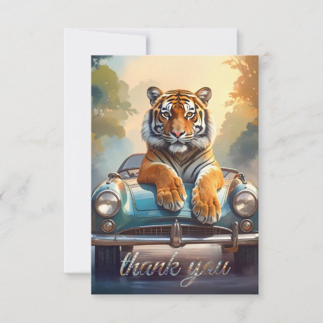 Tarjeta De Agradecimiento Tiger sitting on a sports car  (Anverso)
