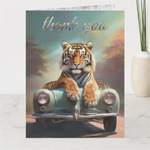 Tarjeta De Agradecimiento Tigre sentado en un auto deportivo