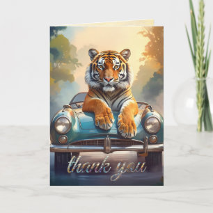Tarjeta De Agradecimiento Tigre sentado en un auto deportivo