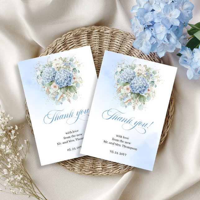Tarjeta De Agradecimiento Timeless Blue Hydrangea Eucalyptus Wedding thanks (Timeless Blue Hydrangea Eucalyptus Wedding thank you card)