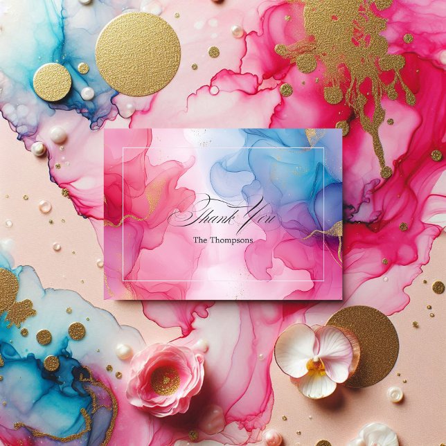 Tarjeta De Agradecimiento Tinta Alcohólica Rosa y Azul con Acentos Dorados (Pink and Blue Alcohol Ink with Gold Accents Thank You Card)