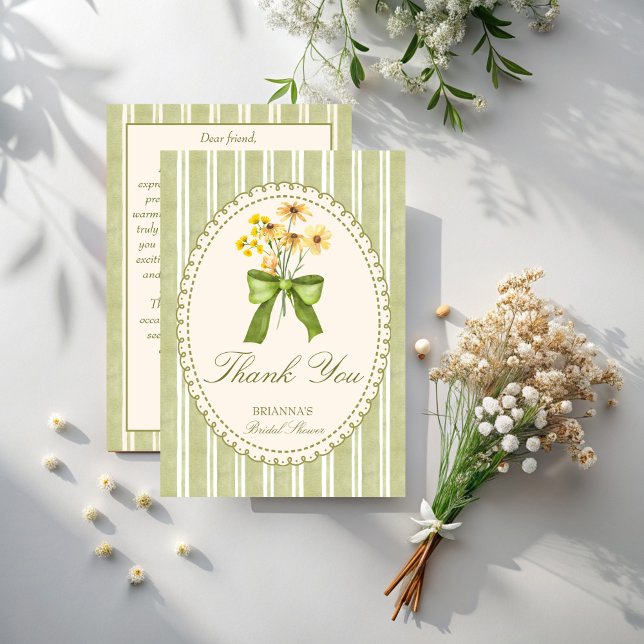 Tarjeta De Agradecimiento Tinte verde raya retro elegante ducha de novia (Sage green retro stripes grand millennial bridal shower elegant thank you cards)